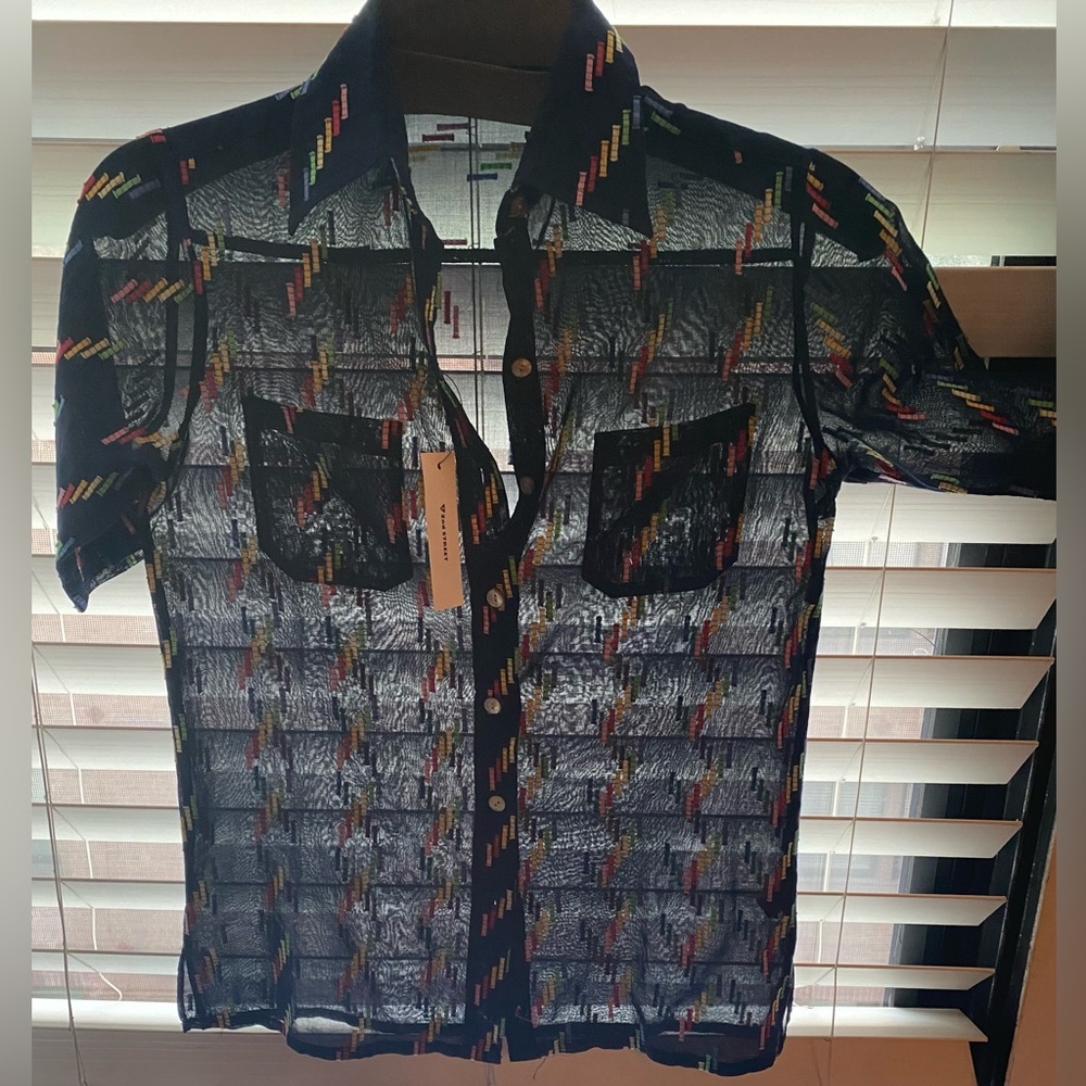 GUERLAIN Black Sheer Button-Down Shirt with Multicolor Stripe Accents